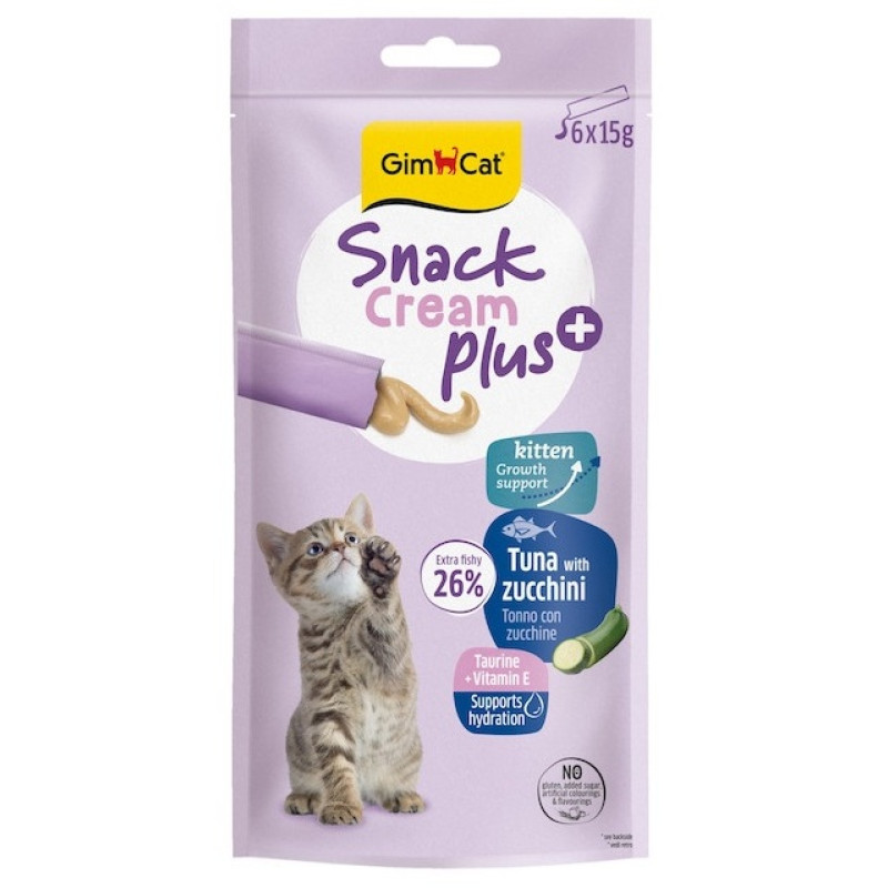 Gardumi kaķiem - GimCat SNACK CREAM plus+ Kitten TUNA & ZUCCHINI  6x15g