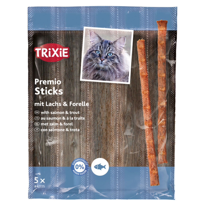Gardumi kaķiem - Trixie Premio Quadro Sticks anti hairball, ar lasi un foreli, 5*5 g