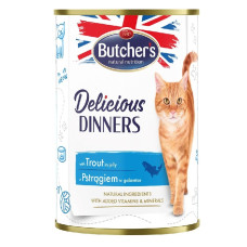 Konservēta barība kaķiem : Butchers CAT Delicious Dinners with trout chunks in Jelly 400g