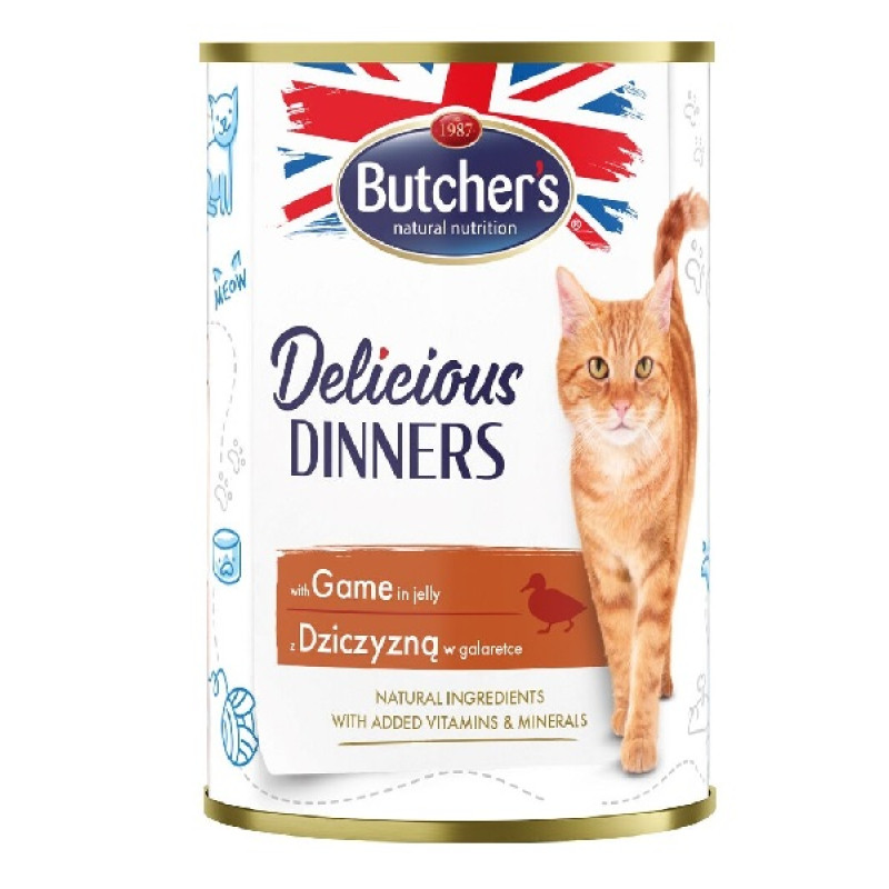 Konservēta barība kaķiem : Butchers CAT Delicious Dinners with game chunks in Jelly 400g