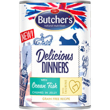 Konservēta barība kaķiem : Butchers CAT Delicious Dinners with sea fish chunks in Jelly  400g