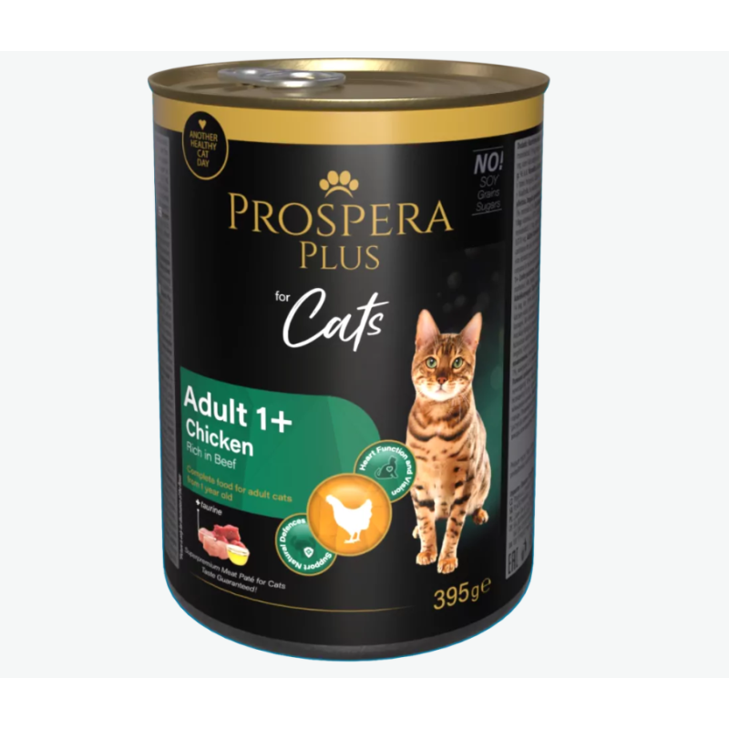 Konservi kaķiem – Prospera Plus Cat, Meat Paté Adult 1+, Chicken with Beef, 395 g