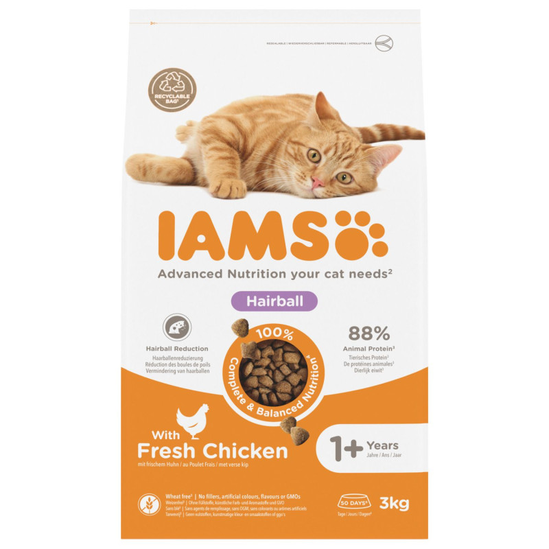 Sausā barība kaķiem - IAMS CAT ADULT HAIRBALL CHICKEN, 3 kg