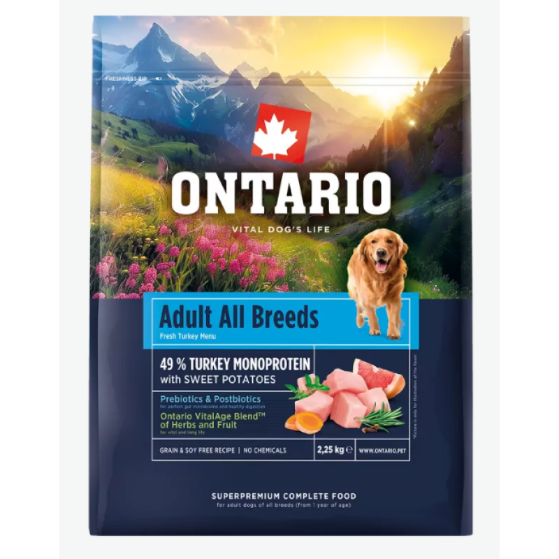 Barība suņiem – Ontario Adult All Breeds, Monoprotein, Turkey and Sweet Potatoes, 2,25 kg