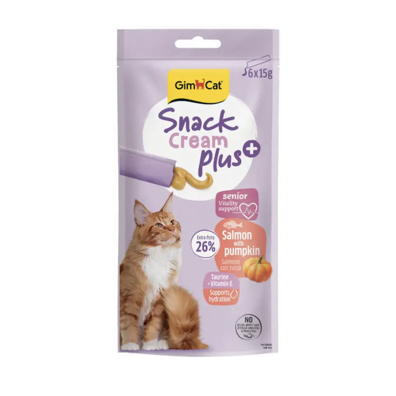 Gardumi kaķiem - GimCat SNACK CREAM + SALMON & PUMPKIN (SENIOR) 6x15g