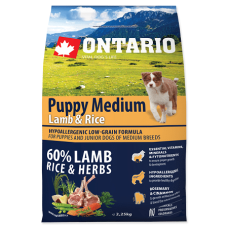 Sausā barība kucēniem - Ontario Dog Puppy Medium Lamb and Rice, 2.25kg