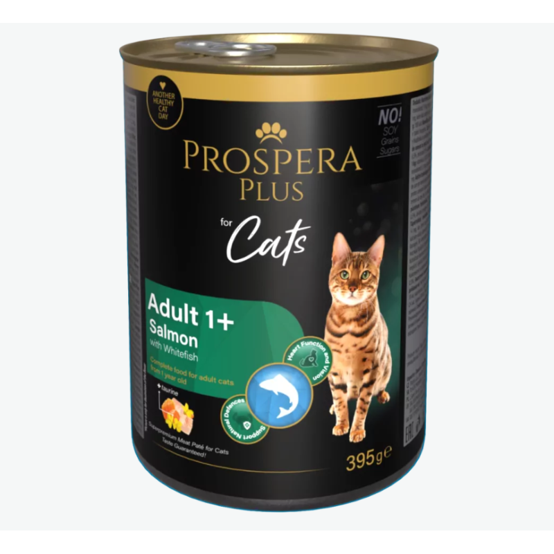 Консервы для кошек – Prospera Plus Cat Meat Paté Adult 1+, Salmon with Whitefish, 395 г