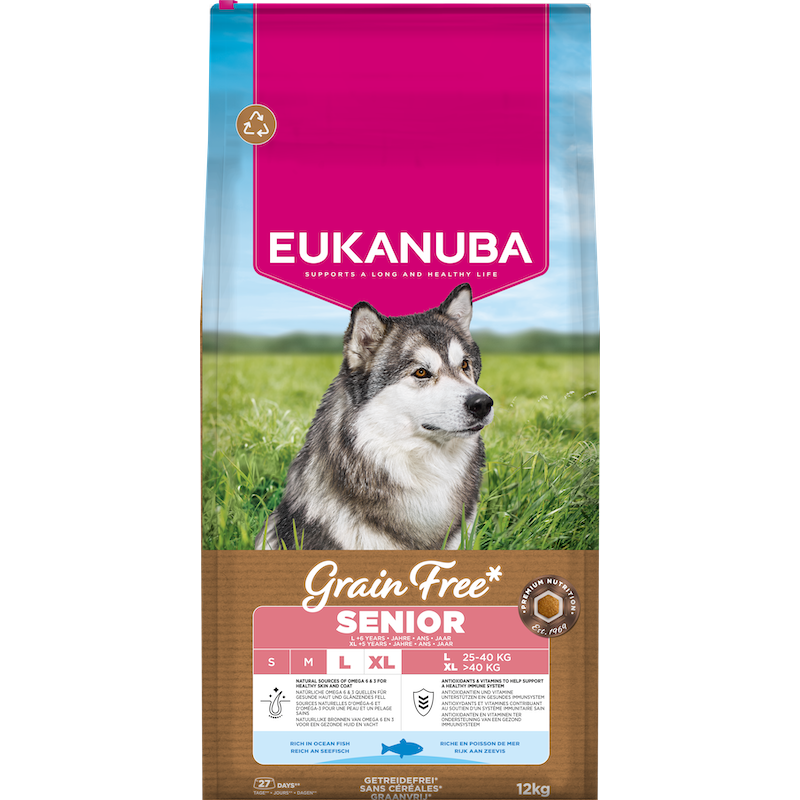 Sausa barība suņiem - Eukanuba Senior Large Grain Free ocean fish, 12 kg