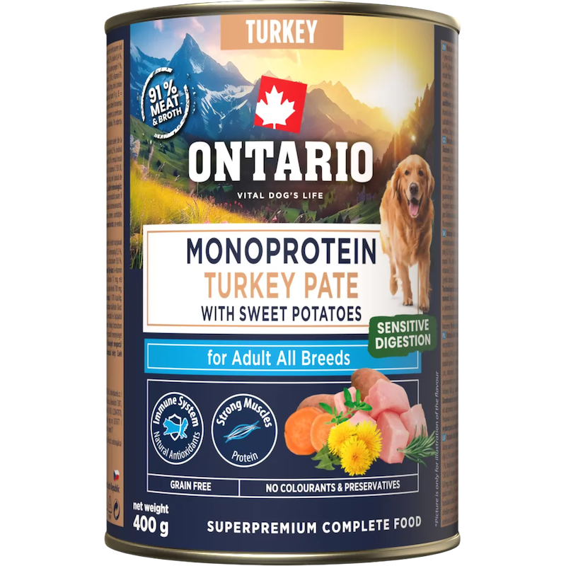 Konservi suņiem - Ontario Adult canned food, monoprotein turkey pāté with sweet potatoes, 400 g 