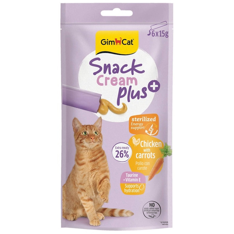 Gardumi kaķiem - GimCat SNACK CREAM + CHICKEN & CARROT (STERILISED) 6x15g