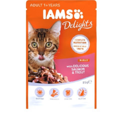Konservēta barība kaķiem : IAMS CAT DELIGHT SALMON TROUT Jelly 85g.