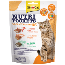 Gardumi kaķiem : GIMBORN Nutri Pockets Malt Vitamin Mix with Beef, Salmon, Catnip, 150gr