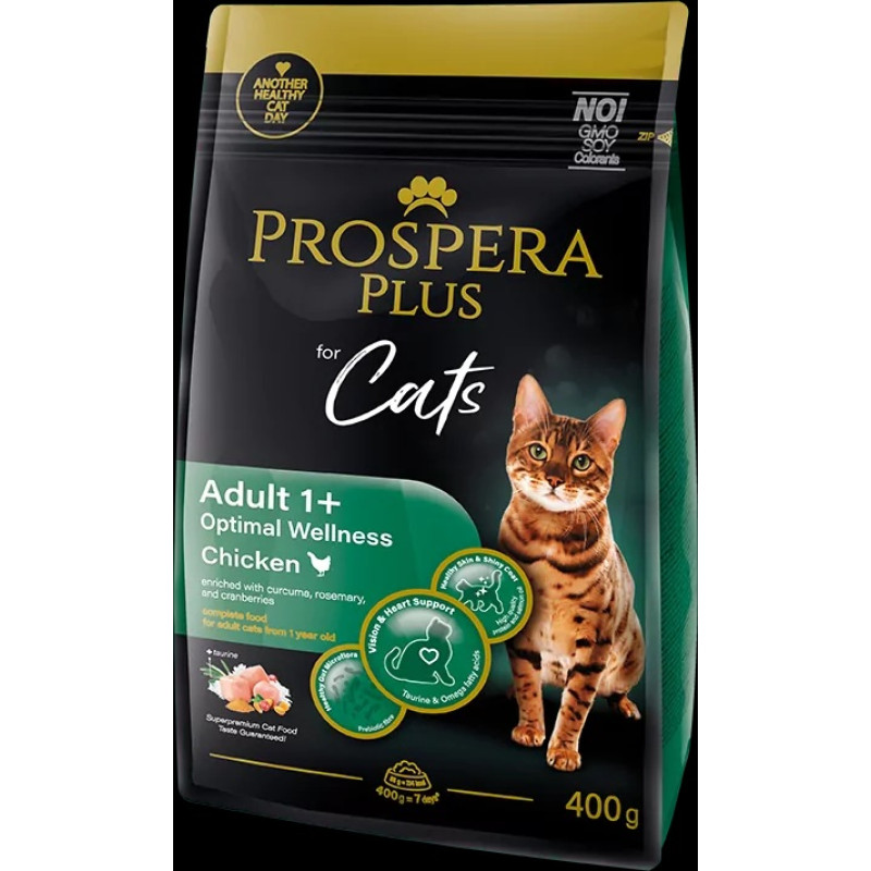 Barība kaķiem – Prospera Plus Adult 1+ Chicken Optimal Wellness, 0,4 kg