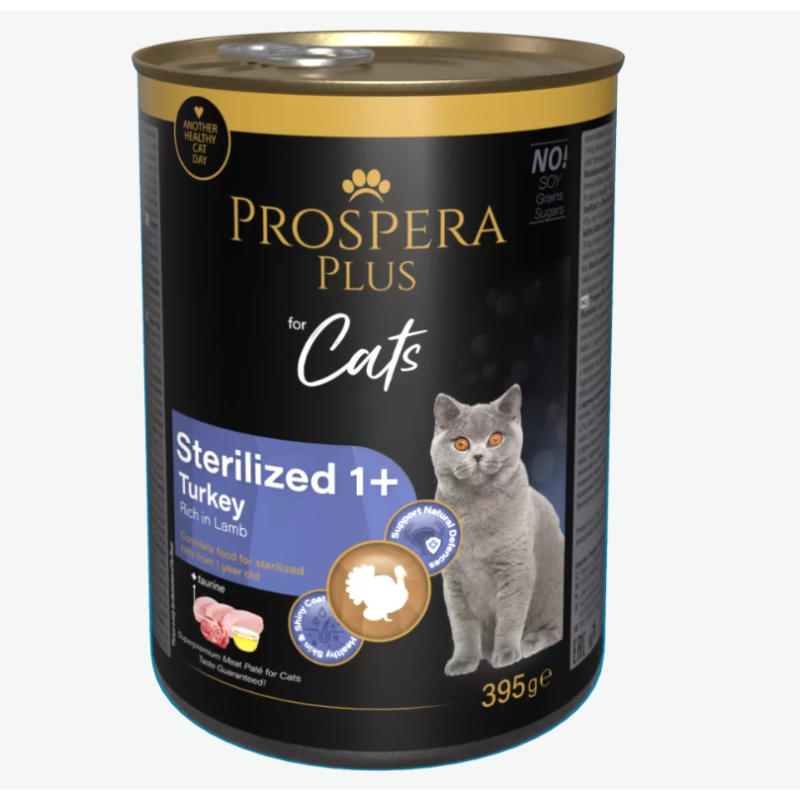 Konservi kaķiem – Prospera Plus Cat Meat Paté Sterilized 1+, Turkey with Lamb, 395 g