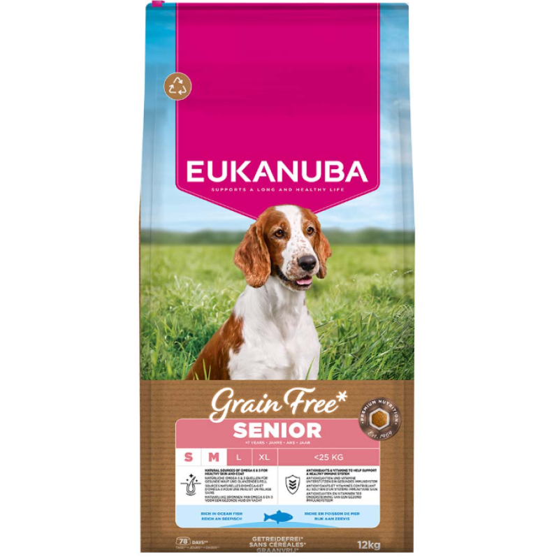 Sausa barība suņiem - Eukanuba Senior Small & Medium, Grain Free, ocean fish 12 kg