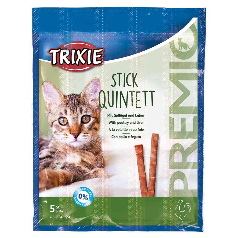 Gardumi kaķiem : Trixie Premio Quadro Sticks anti hairball, ar vistas gaļu un aknām, 5*5 g