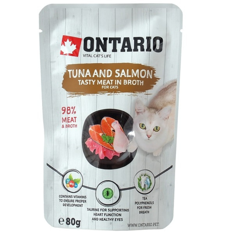 Konservēta barība kaķiem : Ontario Pouch Tuna and Salmon in Broth, 80 g