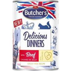 Konservēta barība kaķiem : Butchers CAT Delicious Dinners with beef chunks in Jelly 400g