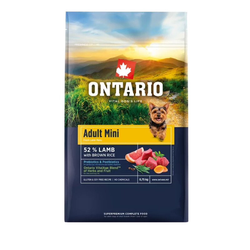 Корм для собак – Ontario Adult Mini, Lamb and Brown Rice, 0,75 кг