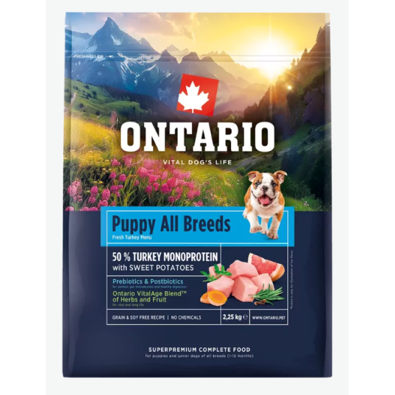 Barība kucēniem – Ontario Puppy and Junior All Breeds, Monoprotein, Turkey and Sweet Potatoes, 2,25 kg