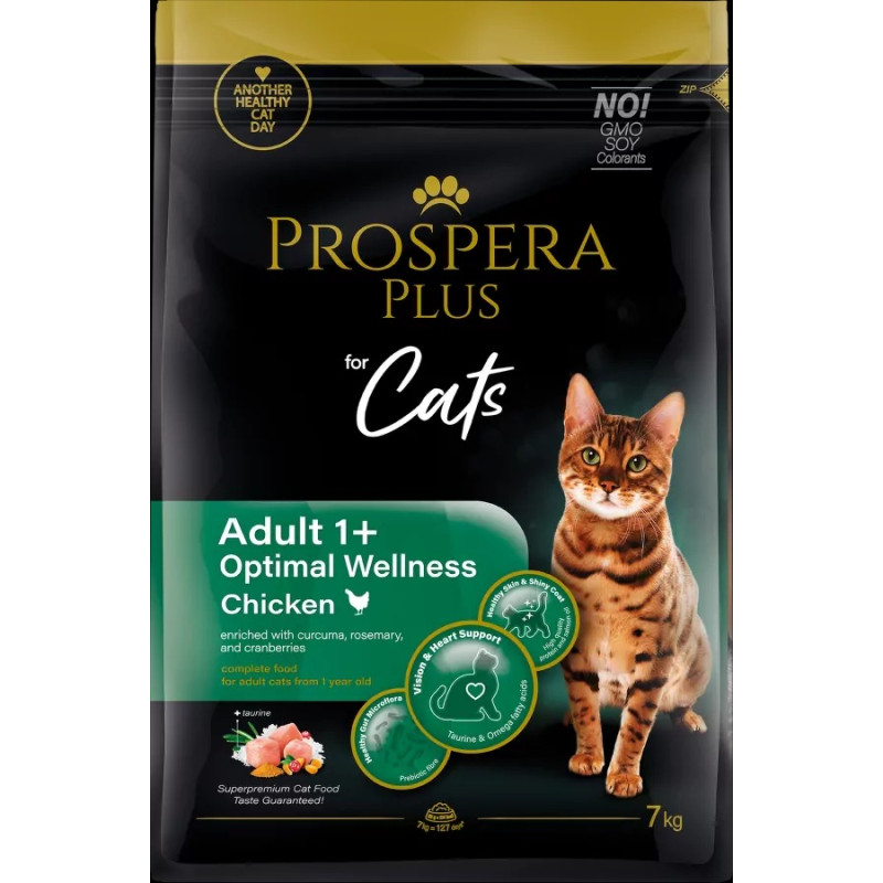 Barība kaķiem – Prospera Plus Adult 1+ Chicken Optimal Wellness, 7 kg