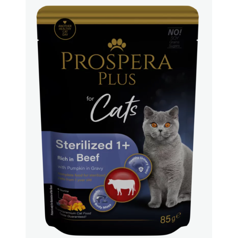 Konservi kaķiem - Prospera Plus, Cat Pouch Sterilized 1+, Beef and Pumpkins, 85 g