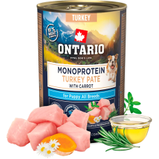 Konservi kucēniem - Ontario Dog Puppy canned food, monoprotein turkey pate with carrots, 400 g 