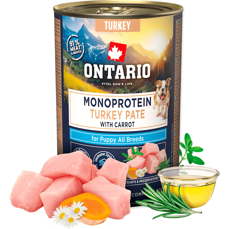 Konservi kucēniem - Ontario Dog Puppy canned food, monoprotein turkey pate with carrots, 400 g 