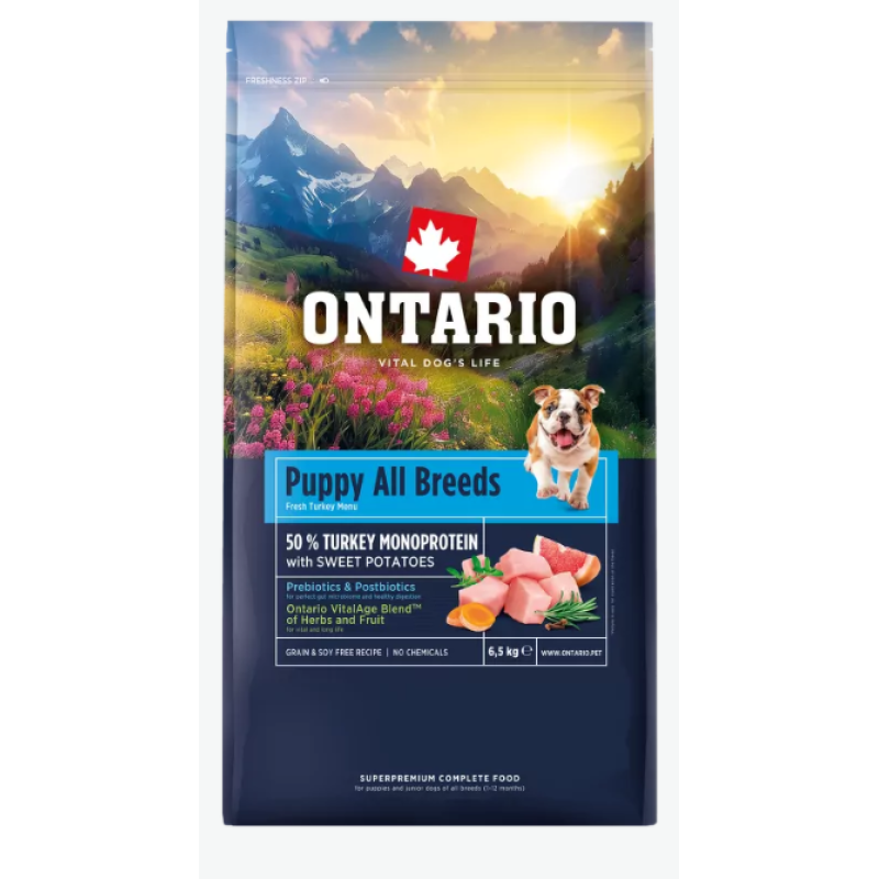Barība kucēniem – Ontario Puppy and Junior All Breeds, Monoprotein, Turkey and Sweet Potatoes, 6,5 kg