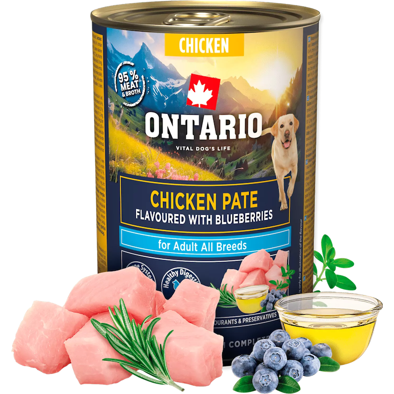 Konservi suņiem - Ontario Adult Chicken Pate with Blueberry Flavor 400g