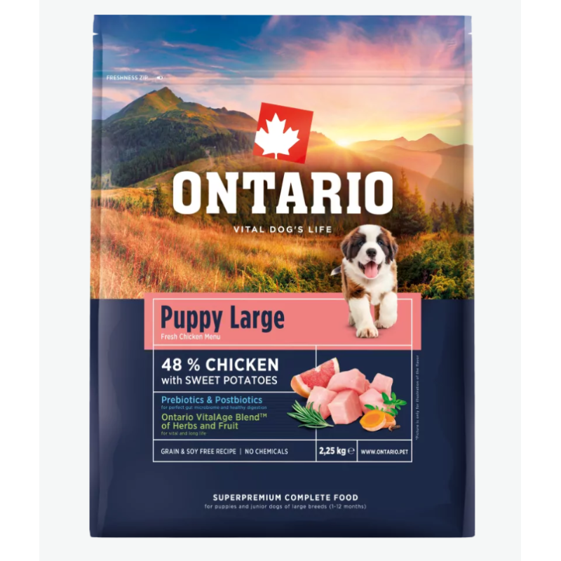 Barība kucēniem – Ontario Puppy and Junior Large, Chicken and Sweet Potatoes, 2,25 kg