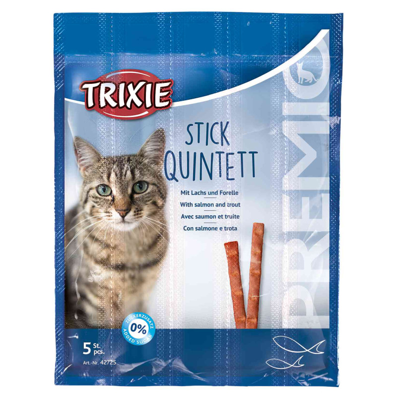 Gardumi kaķiem : Trixie Premio Quadro Sticks anti hairball, ar lasi un foreli, 5*5 g