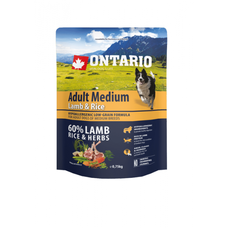 Ontario Dog Adult Medium Lamb & Rice 0.75kg. Sausā barība vidējo šķirņu pieaugušiem suņiem