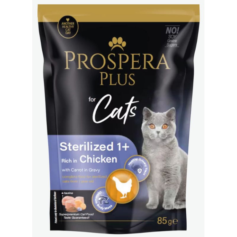 Konservi kaķiem - Prospera Plus, Cat Pouch Sterilized 1+, Chicken and Carrot, 85 g