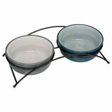 Paliknis ar bļodām : Trixie Bowl set, ceramic/metal, 2×0.25l/ø 13cm/27×8 ×13cm, petrol/light petrol/grey/light gr