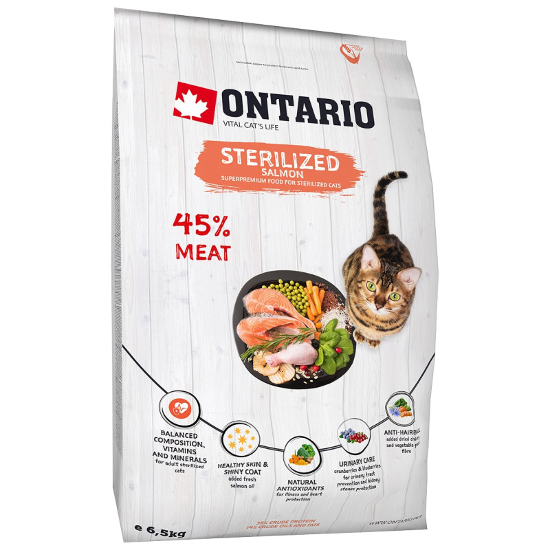Sausā barība kaķiem - Ontario Cat Sterilised Salmon, 6.5 kg