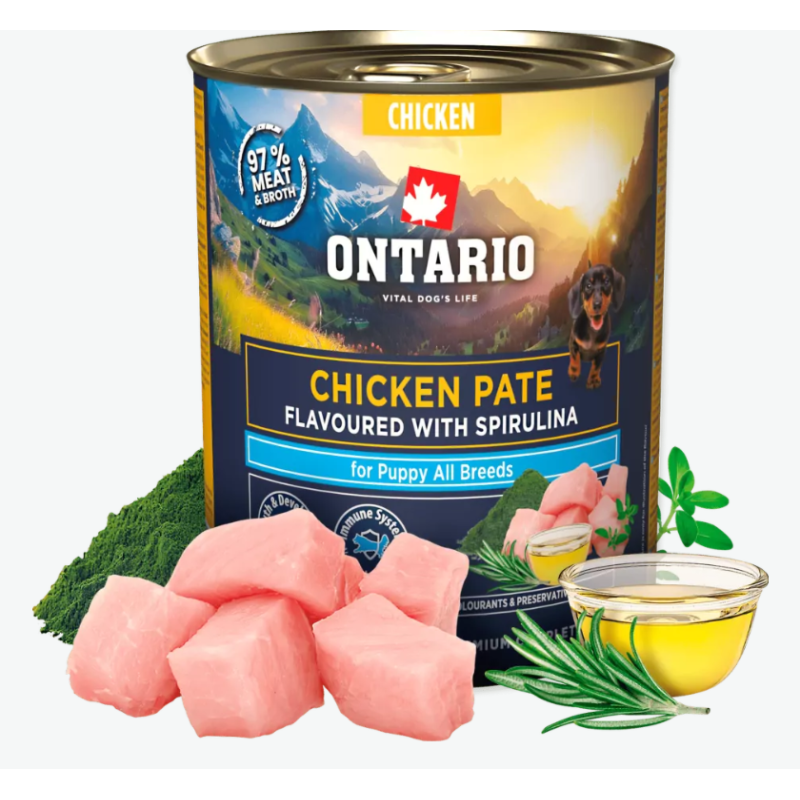 Konservi kucēniem – Ontario Puppy Chicken Pate Flavoured with Spirulina, 800 g