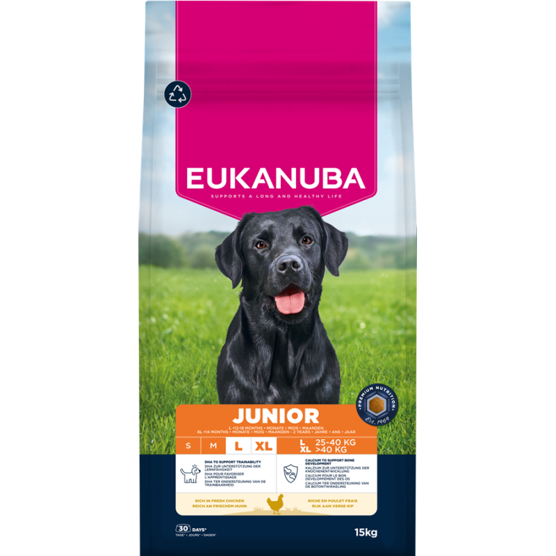 Sausā barība kucēniem - Eukanuba Junior, Large, Chicken 15KG