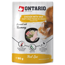 Konservi kaķiem – Ontario Herb Chicken with Ham, Rice and Rosemary, 80g