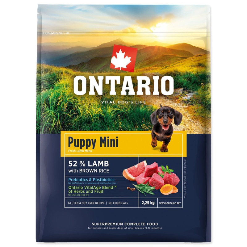 Barība kucēniem – Ontario Puppy Mini, Lamb and Brown Rice 2.25 kg