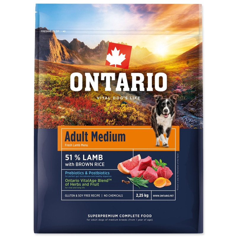 Sausa barība suņiem - Ontario Adult Medium Lamb and Brown Rice, 2.25 kg
