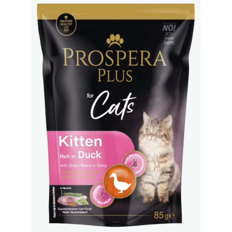 Konservi kaķēniem - Prospera Plus, Cat Pouch Kitten, Duck and Green Beans, 85 g