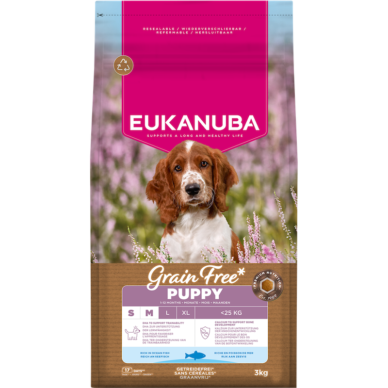 Sausa barība kucēniem - Eukanuba Puppy&Junior, Small&Medium, GRAIN FREE OCEAN FISH 3 kg