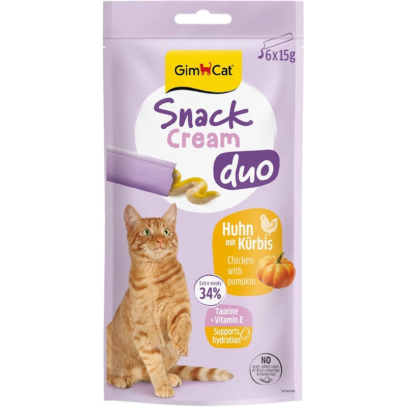 Gardumi kaķiem - GimCat SNACK CREAM DUO CHICKEN & PUMPKIN 6x15g