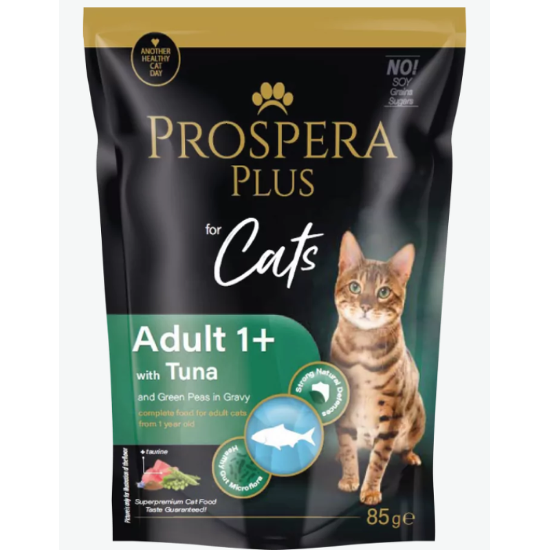 Konservi kaķiem - Prospera Plus, Cat Pouch Adult 1+, Tuna and Peas, 85 g