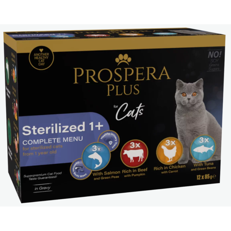 Konservi kaķiem - Prospera Plus, Cat Pouch Sterilized 1+, Mix, 12 x 85 g