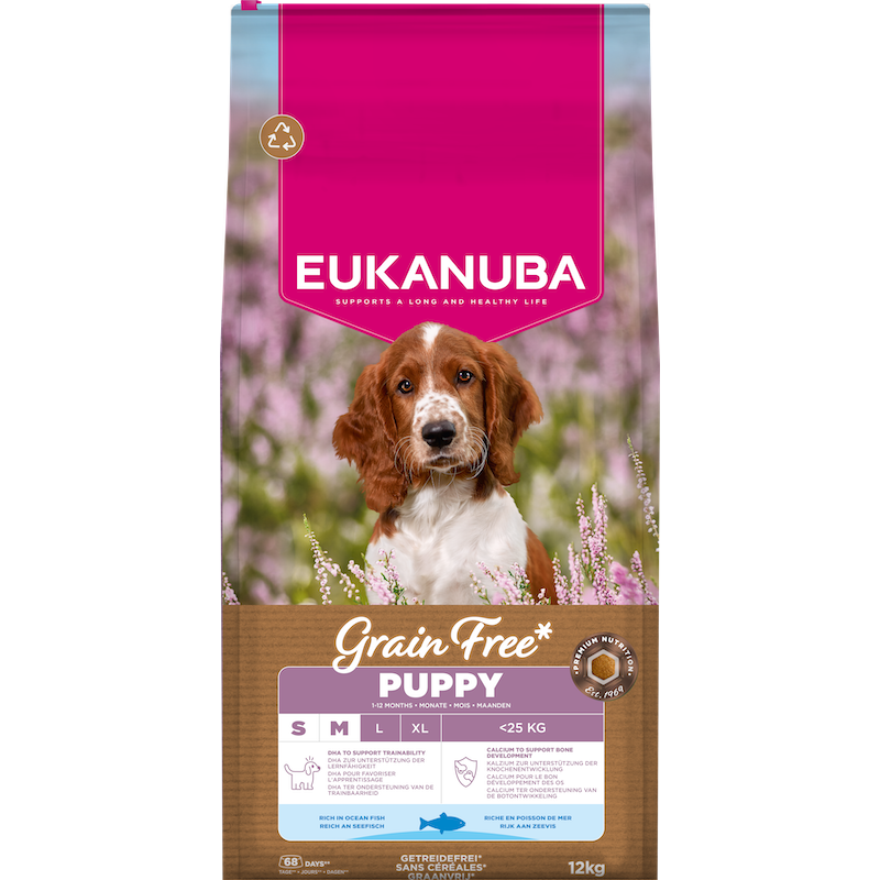 Sausa barība kucēniem - Eukanuba Puppy&Junior, Small&Medium, GRAIN FREE OCEAN FISH 12 kg