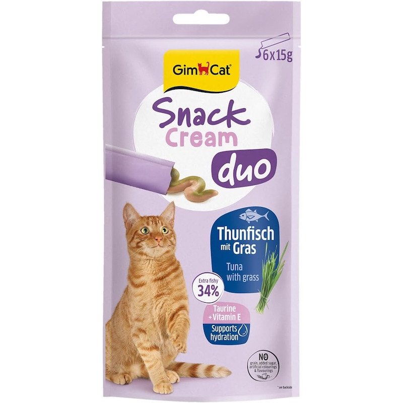 Gardumi kaķiem - GimCat SNACK CREAM DUO TUNA & GRASS 6x15g